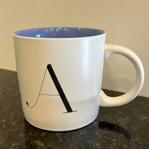 Indigo A Initial Mug with Brown cozy sweater cover